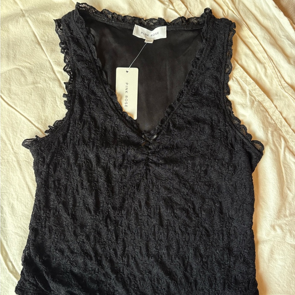 Pink Rose Black Ruffled Tank Top